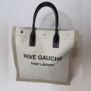 Saint Laurent Rive Gauche Canvas Tote Bag Large YSL Shopper Black Leather Trim
